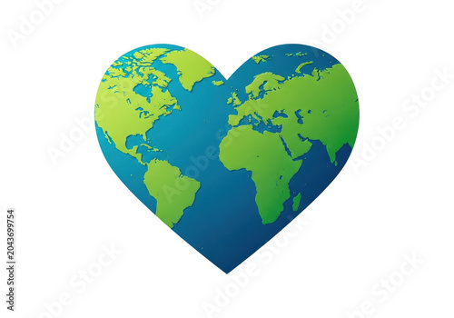 Heart shaped world map in blue and green colors isolated on transparent background