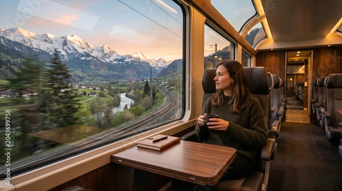 Woman on scenic train ride with mountain view