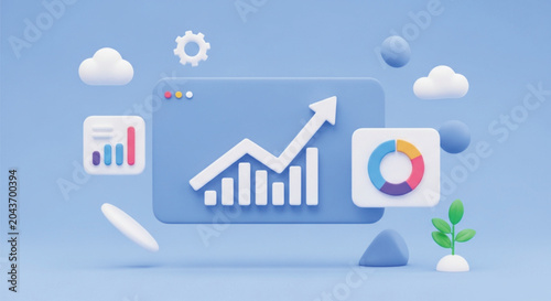 Business data analytics 3d illustration with growing bar chart and arrow icon floating over blue background representing financial success and progress.
