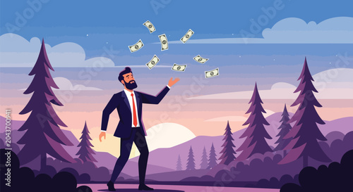Fotografie Man in suit throwing money into air amidst a scenic mountain landscape during sunset or sunrise, rich lifestyle concept