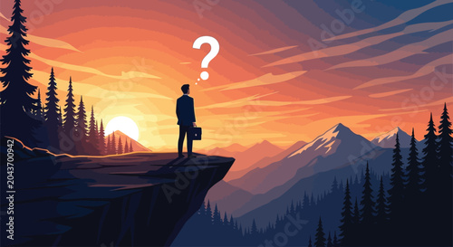 Tableau sur toile Businessman standing on a cliff edge overlooking a vast mountain landscape at sunset, contemplating with question mark above head