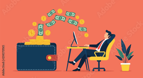 Man relaxing at desk with computer and overflowing wallet money coins flying into wallet symbolizing passive income wealth financial success business growth investment earnings lifestyle.