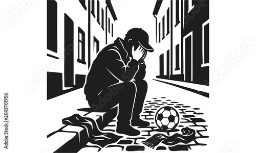 Tableau sur toile Sad soccer fan crying on street sidewalk with football after team loss