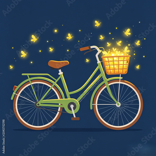 A green bicycle with a basket full of glowing butterflies at night