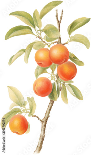 Apricot branch, orange fruits, green leaves, botanical illustration, fruit tree