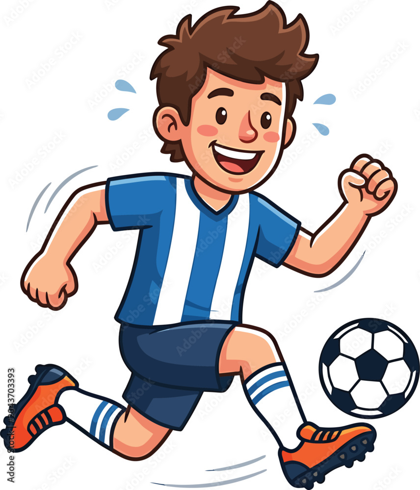Obraz premium Happy boy soccer player running and dribbling ball cartoon character vector illustration. Friendly young football athlete in blue and white striped jersey sprinting with ball, active child playing spo