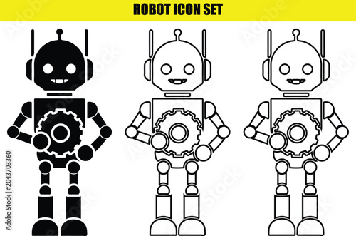 Konstfotografi Robot mascot set holding mechanical gear wheel representing automation technology artificial intelligence