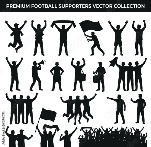 Football supporters and soccer fans silhouettes set vector illustration. Crowds of sports spectators cheering, waving flags, jumping, and celebrating goal victory, isolated black silhouettes of athlet