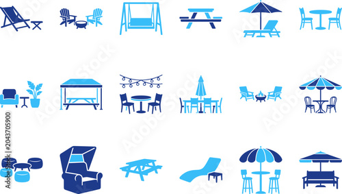 Quadro em tela Modern patio furniture set with umbrellas chairs tables and chaise lounges for outdoor relaxation