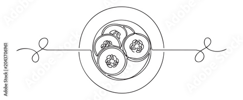 Continuous line art vector of a sliced cucumber on a plate, minimal one line drawing concept for modern kitchen poster, healthy eating and organic food design