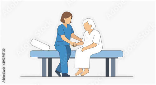Nurse assisting elderly woman on examination table, healthcare concept
