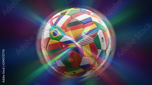 Radiant global soccer ball featuring diverse national flags, symbolizing international unity, athletic spirit, and the excitement of world sport