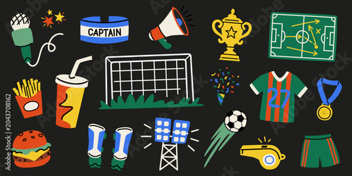 Vector football elements in cartoon doodle style. Sports equipment, a football player passing the ball, a microphone, sports uniforms, football goals and field, and a food court. Sports stickers
