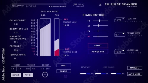 Cyber Interface Analytics Panel.Blue Technology infographic appearing Sci Fi 2D texture. User Interface data display