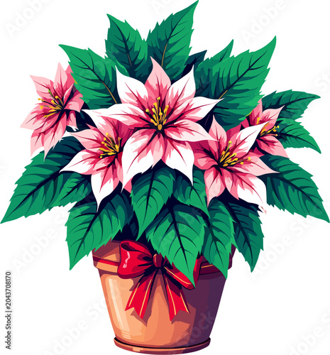 Elegant White and Pink Poinsettia Plant in Decorative Pot with Lush Foliage, Festive Christmas Botanical Illustration
