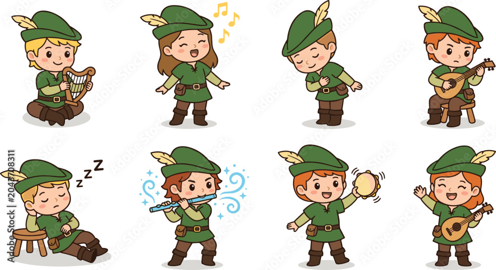 Obraz premium Cute Medieval Bard and Troubadour Chibi Character Vector Set Playing Harp, Lute, Flute, and Singing for Fantasy Game, Storybook, and Children Designs
