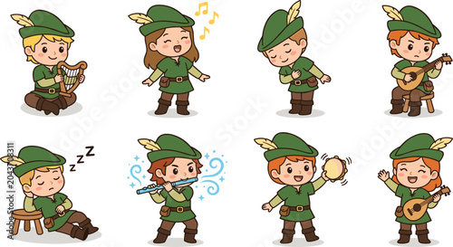 Foto Cute Medieval Bard and Troubadour Chibi Character Vector Set Playing Harp, Lute,
