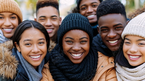 Joyful Group of Teenagers Embracing Friendship and Laughter under a Bright Blue Sky at a Local Park Gathering