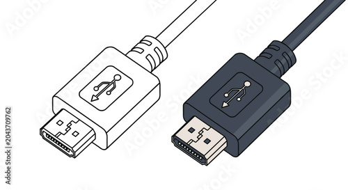 USB and HDMI cable connectors are illustrated in both a simple line drawing and a detailed grey and black color version.