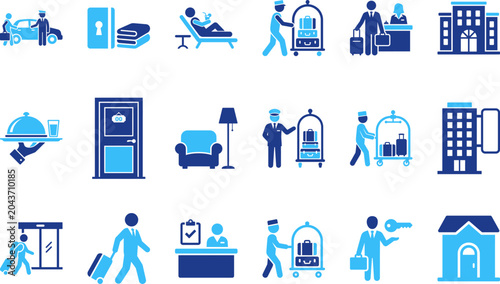 Bild auf Leinwand Hotel service icons flat design blue and light blue for hospitality business