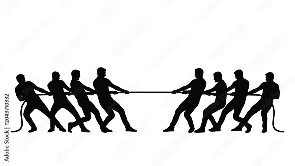 Obraz premium people playing tug of war silhouette game teamwork competition contest strength effort activity outdoor recreation leisure fun black white contrast graphic illustration