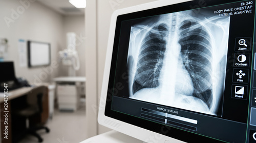 Digital chest xray monitor with human lungs scanning results in radiology room clinic interior. Radiography (X-ray) acquisition workstation screen interface. Medical diagnostic equipment. Copy-space.