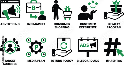 Tableau sur toile Set of ten marketing and business icons in black and green with descriptive text vector designs