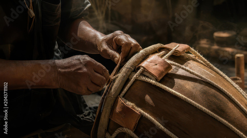 Closeup of a craftsmans hands working on a drum.