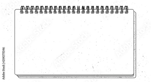Empty landscape oriented spiral notebook outline illustration showing a blank white page and many black rings along the top edge.