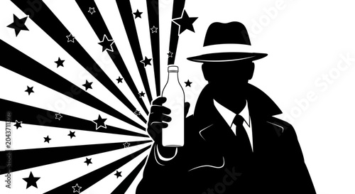 Принти на полотні Mysterious Figure in Hat and Trench Coat Holding a Bottle.