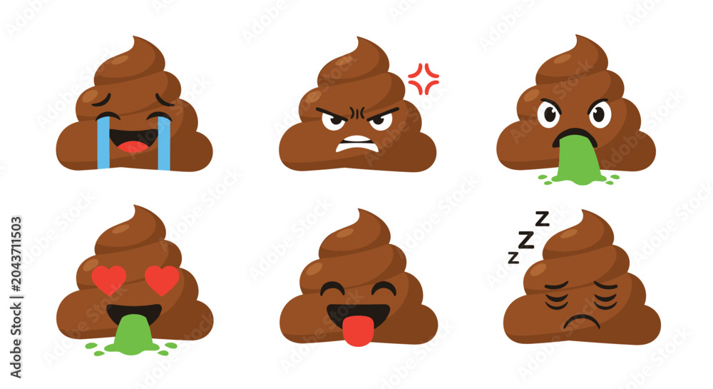 Fototapeta premium Funny set of six poop emoji characters displaying different facial expressions like angry crying in love and sleeping with icons.