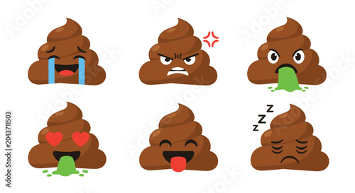 Funny set of six poop emoji characters displaying different facial expressions like angry crying in love and sleeping with icons.