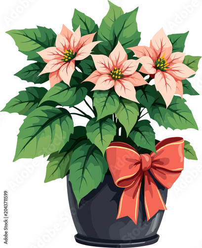 Elegant White Poinsettia Plant in Decorative Pot with Soft Peach Ribbon, Festive Christmas Botanical Illustration