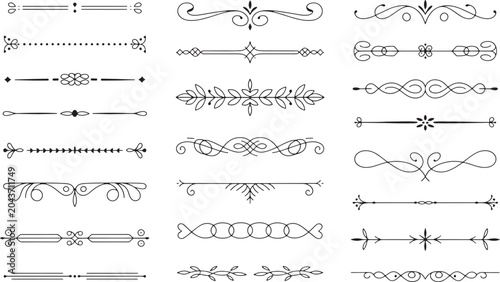 Decorative text dividers set for book design typography flourishes and ornate vintage page border graphic separators. Vector Illustration
