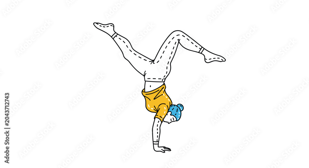 Obraz premium Female yoga practitioner with blue hair performing a handstand pose in a yellow shirt and white patterned leggings.