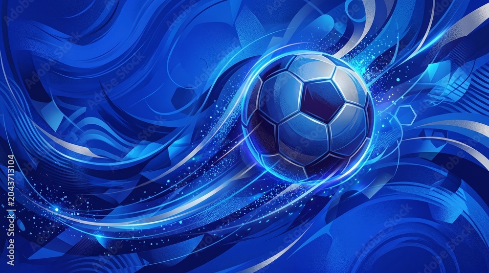 Naklejka premium Dynamic soccer ball illustration with blue energy swirls and light streaks