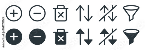 Minimalist UI interface icon set, 12 vector symbols for web and mobile apps, black line and solid glyph style for sorting and filtering