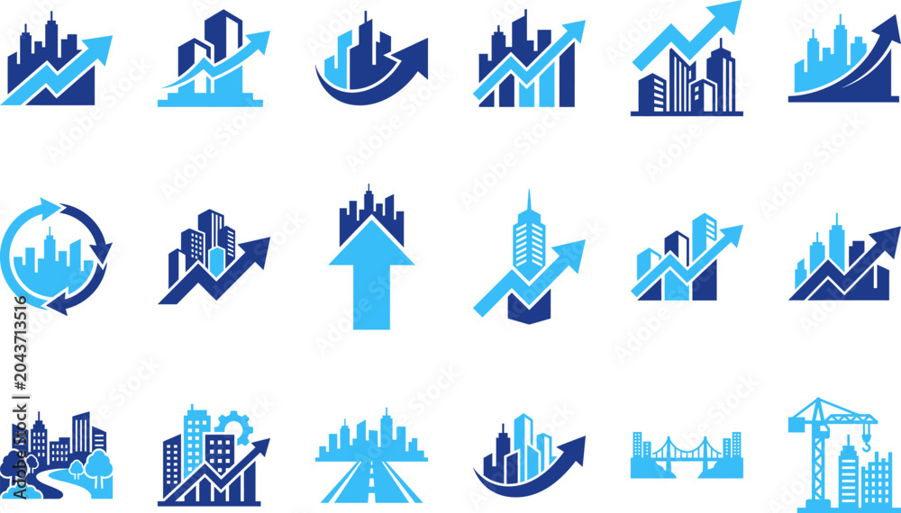 Fototapeta premium Cityscape and urban development icons buildings growth progress and real estate concepts vector graphics.