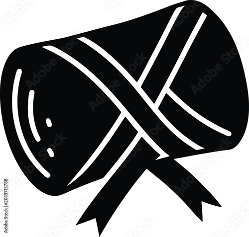 Black and white roll of fabric or diploma scroll tied with ribbon solid vector icon