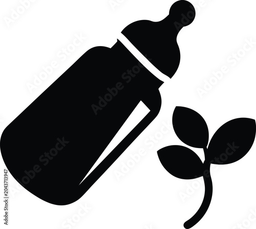 Organic baby formula milk bottle vector icon with plant leaf symbol