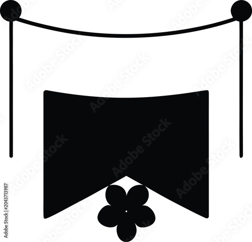 A single solid black festive pennant hanging on a string with small flower accent vector illustration on white background