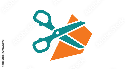 Scissors cutting through orange paper.