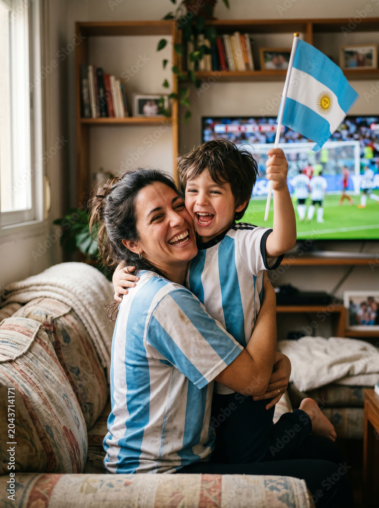 Fototapeta premium Madre argentina con niño celebrando partido de fútbol