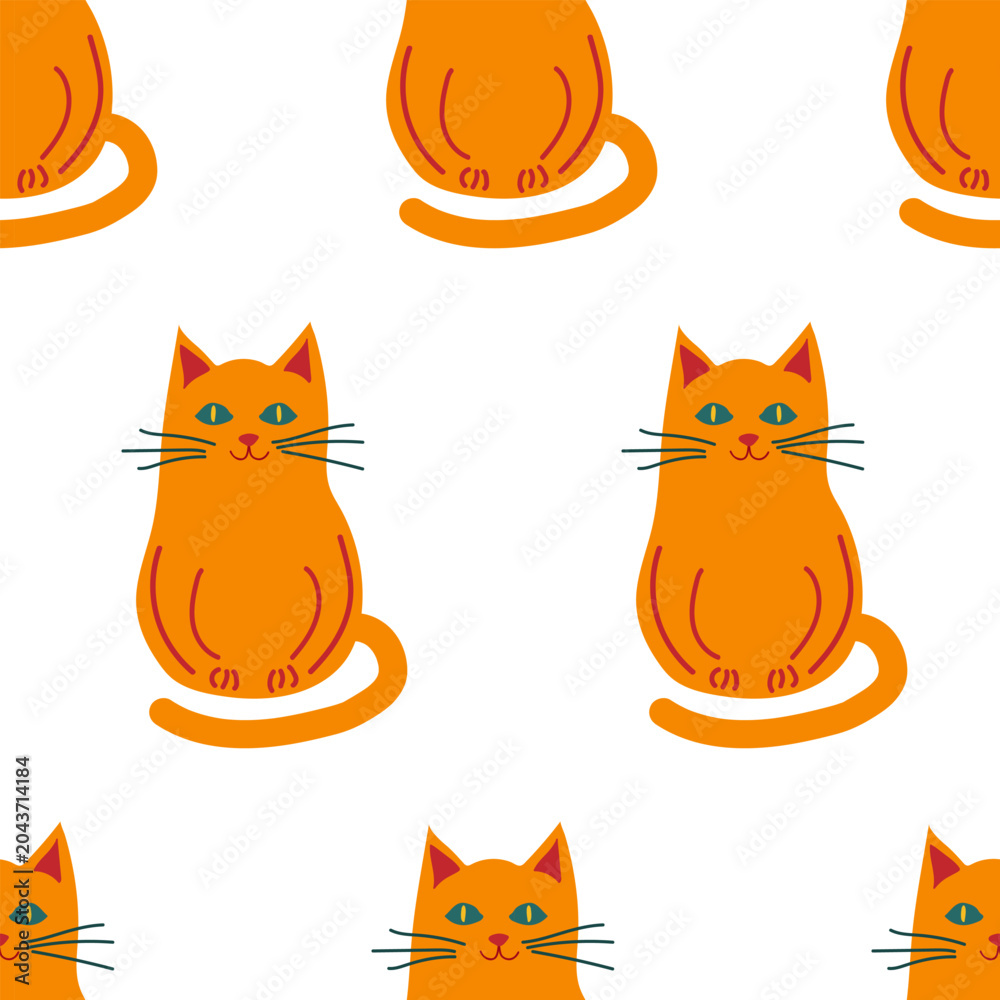 Fototapeta premium Seamless orange ginger cat pattern on white background, cute sitting kitten repeat print for kids textile and surface design