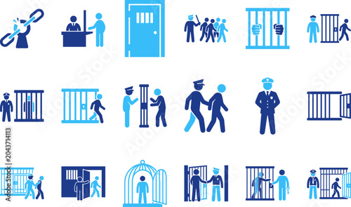 Tableau sur toile Justice and correctional facility icons showing police officers interacting with prisoners in jail