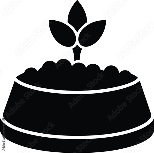 Solid black flat vector icon of a young plant seedling growing from organic soil in a pot isolated on white background