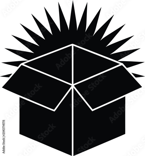 Unboxing magic concept open cardboard box with glowing light burst vector icon