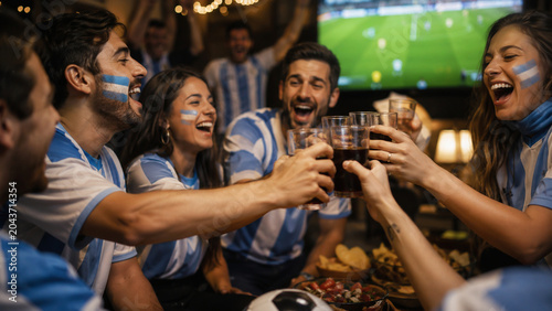 Hinchas argentinos celebrando en bar durante partido de fútbol
