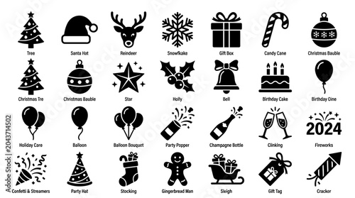 Black and white Christmas icons set.