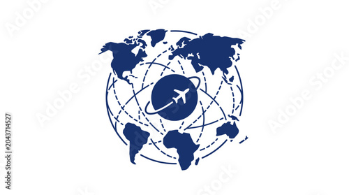 Airplane flying around the world globe.